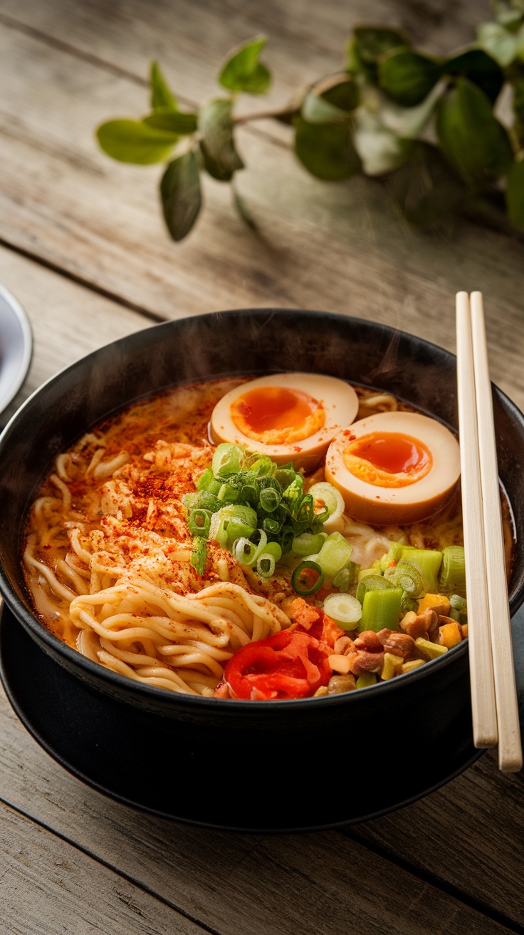 A vibrant bowl of spicy garlic ramen noodles with vegetables and a soft-boiled egg, garnished with green onions, on a rustic table.